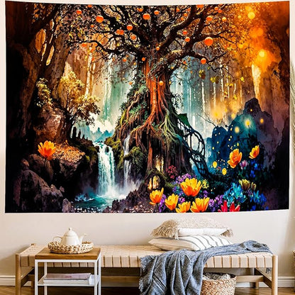 Delur Magical Forest Tapestry Fantasy Tree of Life Fairy Tale Enchanted Mystical Forest Tapestry Psychedelic Nature Landscape Wall Hanging Headboard for Bedroom Living Room Home Decor (59.1" x 78.7")