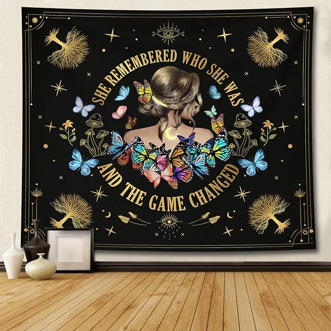 Bapcoku She Remembered Who She Was And The Game Changed Positive Quotes Tapestry Inspirational Gift Wall Decor for Bedroom,Uplifting Encouragement Gifts Butterfly Gifts for Women Teens Girls 60x50in