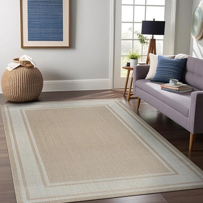 Beverly Rug Large Outdoor Rug 9x12 Modern Bordered Area Rugs for Indoor and Outdoor Patio Deck Porch Garden Waterproof Weather Sun Resistant Washable Outside Carpet (9 x 12 Beige)