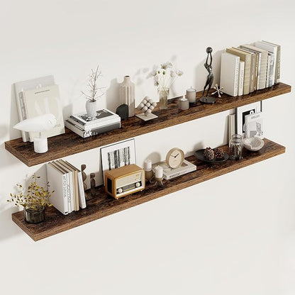 72 Inch Floating Shelves 2 Pack, 8 Inch Deep Floating Shelf Wall Mounted, Large Shelves with Invisible Bracket for Books, Rustic Wood Wall Shelf for Bedroom, Kitchen, Living Room, Rustic Brown