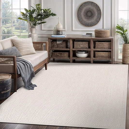 CAMILSON Easy Jute Rug 5x7, Indoor Outdoor Off-White Color Fiber Area Rugs for Living Room Patio and Kitchen Rug Herringbone Seagrass Woven Design Easy-Cleaning Washable Outside Carpet Alfombras 5 x 7