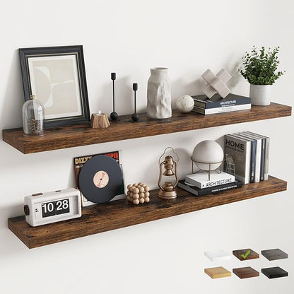 55 Inch Floating Shelves for Wall Set of 2, 8"D Wood Grain Bathroom Shelves with Invisible Brackets, Easy Install Engineered Wood Storage Shelves for Kitchen, Living Room, Bedroom, Rustic Brown Finish