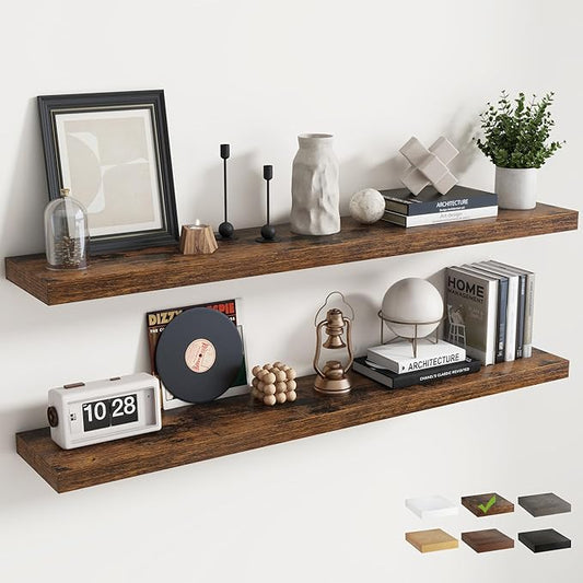 55 Inch Floating Shelves for Wall Set of 2, 8"D Wood Grain Bathroom Shelves with Invisible Brackets, Easy Install Engineered Wood Storage Shelves for Kitchen, Living Room, Bedroom, Rustic Brown Finish