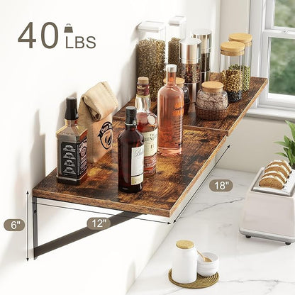 18"W x12"D Floating Shelves, Farmhouse Wall Shelves Home Decor Shelf, Deep Bathroom Shelf with Bracket, 12 Inch Deep Wall Shelves for Living Room, Kitchen, Bedroom, Rustic Brown, Set of 2