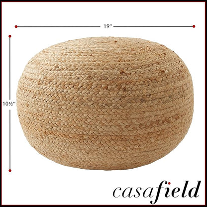 Casafield Hand-Braided Jute Pouf Ottoman Footrest, 19" Round x 10-1/2" High, Natural Woven Boho Floor Cushion, Home Decor for Living Room, Bedroom, Apartment