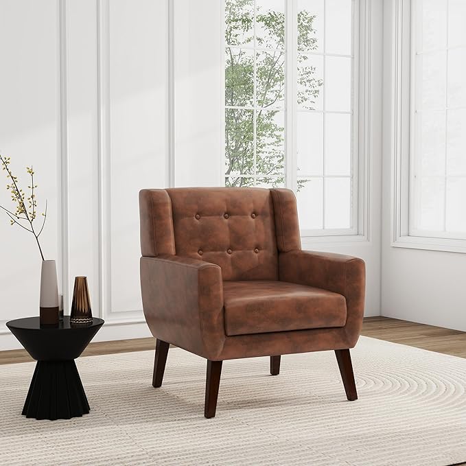UIXE Faux Leather Accent Chair, Morden Upholstered Armchair for Living Room, Button Tufted Arm Chair Comfy Single Sofa Bedroom Side Reading Seat - Coffee