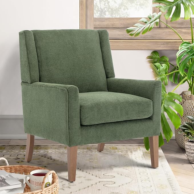 COLAMY Modern Wingback Living Room Chair Set of 2, Upholstered Fabric Accent Armchair, Single Sofa Chair with Lounge Seat and Wood Legs for Bedroom/Office/Reading Spaces, Green