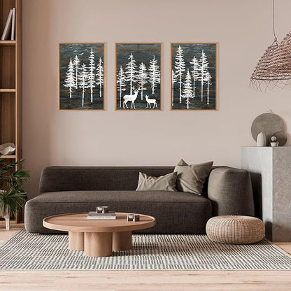 Celestdeco Modern White Forest Framed Canvas Wall Art Set, Minimalist Woodland Art Painting, Retro Tree Landscape Wall Decor, Wildland Deer Artwork for Living Room, Dining Room, Office - 24"x36"x3