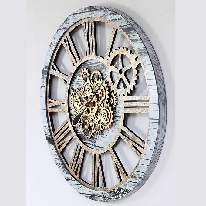 The Gears Clock 36'' Inch Real Moving Gear Wall Clock Vintage Industrial Oversized Rustic Farmhouse (Vintage Grey and White)