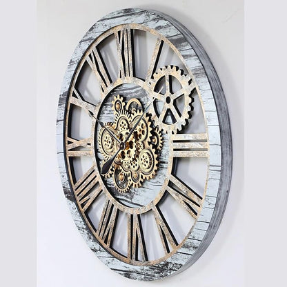 The Gears Clock 36'' Inch Real Moving Gear Wall Clock Vintage Industrial Oversized Rustic Farmhouse (Vintage Grey and White)