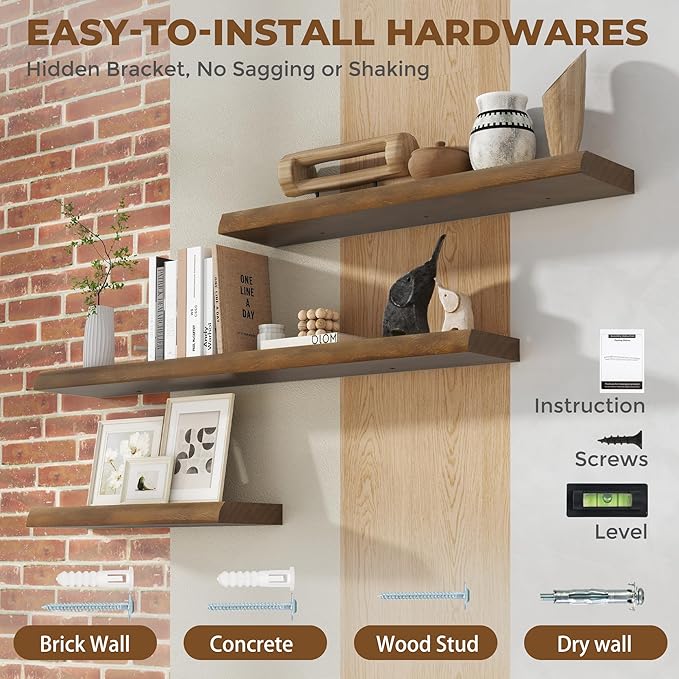 RICHFOCUS Live Edge Wood Floating Shelves for Wall 48" Natural Solid Wood Wall Mounted Shelf|8 Inch Deep Wooden Floating Shelves with Invisible Bracket for Bathroom Kitchen Room|1Pcs, Walnut