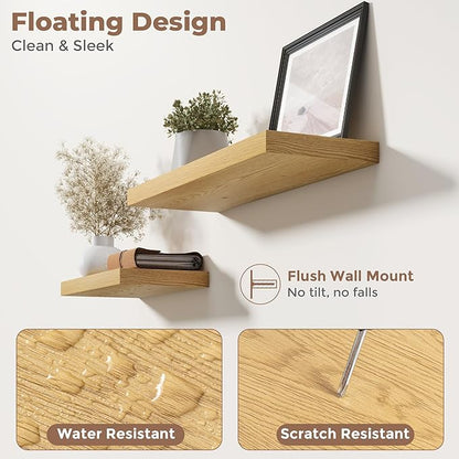 55 Inch Floating Shelves for Wall Set of 2, 8"D Wood Grain Bathroom Shelves with Invisible Brackets, Easy Install Engineered Wood Storage Shelves for Kitchen, Living Room, Bedroom, Oak Finish