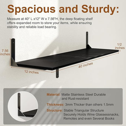Black Floating Shelves 40"W x 12"D, Deep Wall Shelves with Brackets for Books, Plant, 12 Inch Deep Bathroom Shelf Set of 2, Large Floating Shelf for Living Room, Bedroom, Kitchen, Set of 2