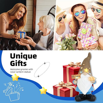 Solar Garden Gnomes Decor Outdoor Statue - Gnome Welcome Sign with LED Waterproof Sculptures Lights, Gnome Pond/Yard Statues Outside Decoration, Home, Lawn, Patio, Resin Ornament, Gardening Gift