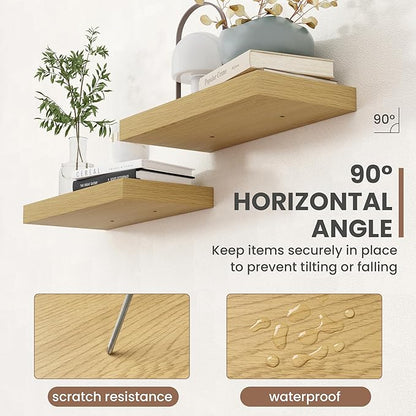 16 Inch Floating Shelves, 8 Inch Deep Floating Shelves for Wall, Hanging Shelf with Invisible Brackets, Deep Shelves for Bathroom, Bedroom, Living Room, Oak, Set of 2