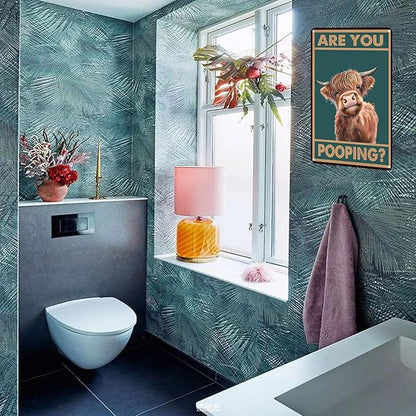 Vintage Highland Cow Tin Sign: Funny "Are You Pooping?" Bathroom Wall Decor for Western & Highland Cow Lovers 8 x 12 Inch (3039)