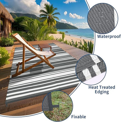 Outdoor Patio Rug 9x12 Stain-Resistant Reversible Camping Mat, Modern Striped Outdoor Plastic Straw Rug, Waterproof Outside Carpet, Easy to Clean for RV, Porch, Deck, Balcony, Grey