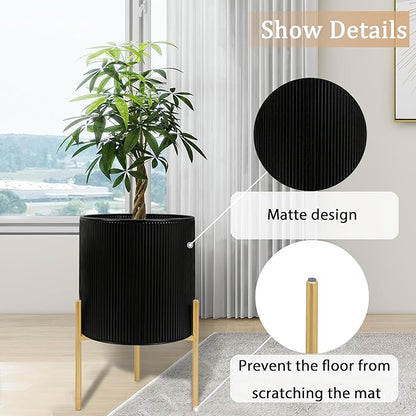 ARNIS Modern Plant Pots, Set of 2 Round Large Planters with Stand, Large Size Metal Pots with Drainage Holes for Living Room, Office, Garden or Balcony, 10.5 &12.25 Inch, Black & Gold