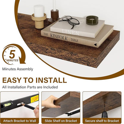72 Inch Floating Shelves 2 Pack, 8 Inch Deep Floating Shelf Wall Mounted, Large Shelves with Invisible Bracket for Books, Rustic Wood Wall Shelf for Bedroom, Kitchen, Living Room, Rustic Brown