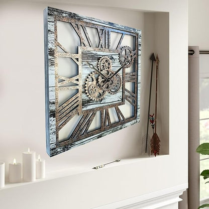 The Gears Clock 24'' Inch Square Real Moving Gear Wall Clock Vintage Industrial Oversized Rustic Farmhouse (Grey and White)