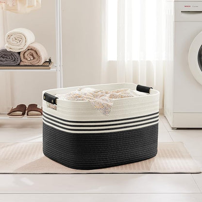 86L Extra Large Laundry Basket with Leather Handles for Living Room Storage, Woven Rope Baskets for Blanket, Kids Toy, Gifts, Wicker Hamper for Bedroom Dirty Clothes, 24"x16"x14" White Black
