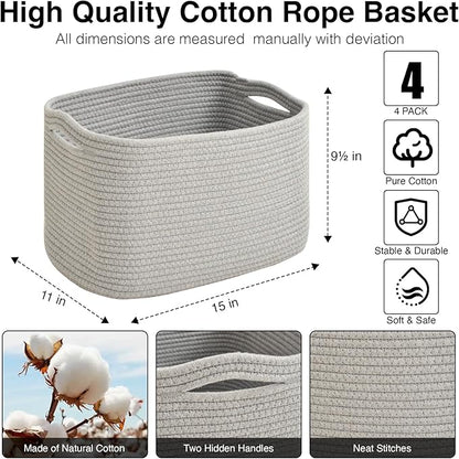 Storage Baskets for Organizing & Shelves, Woven Cotton Rope Organization Bins for Dog Toys, Clothes, Books, Nursery Organizer, 15" Lx11 Wx9.5 H, (4 Packs) Grey
