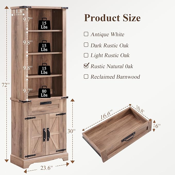 RedLemon Bookshelf with Storage Cabinet, 72" Tall Farmhouse Bookcase with Adjustable Shelves and Barn Door, 4 Tier Office Wood Bookshelf with Retro Metal Handles for Office, Library (Natural Oak)