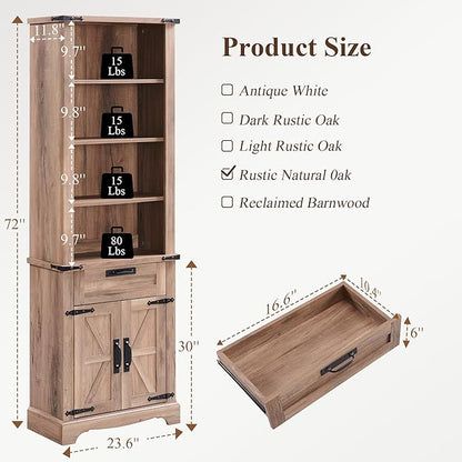 RedLemon Bookshelf with Storage Cabinet, 72" Tall Farmhouse Bookcase with Adjustable Shelves and Barn Door, 4 Tier Office Wood Bookshelf with Retro Metal Handles for Office, Library (Natural Oak)
