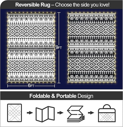 6x9ft Waterproof Outdoor Rug with LED Lights, Bohemia Reversible Plastic Straw Mat for Patio RV Camping Picnic Balcony Beach Deck Indoor Outdoor Carpet, Black&White