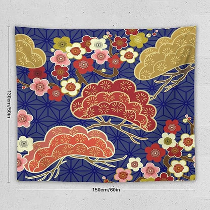 HZOHNAGO Japanese Tapestry Art Abstract Colorful Cherry Blossom Blue Background Pattern Printed Wall Tapestry Painting Wall Hanging for Bedroom Living Room Dorm 60" W x 50" H