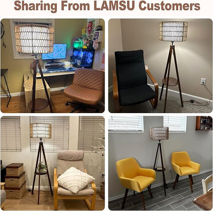 Boho Tripod Floor Lamp with Shelves, Mid Century Wood Standing Lamp with Rattan & Fabric Shades, ON/Off Foot Switch, Modern Farmhouse Tall Floor Lamps for Living Room Bedroom Office