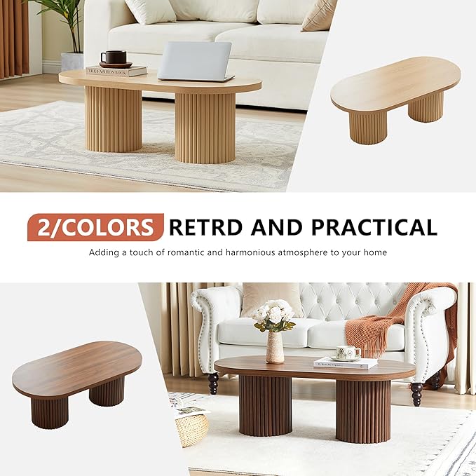 Oval Fluted Coffee Table, Farmhouse Wood Coffee Table Mid Century Modern Center Table Boho Living Room Tables for Living Room Office (Natural, 19.69" D x 39.38" W x 13.78" H)