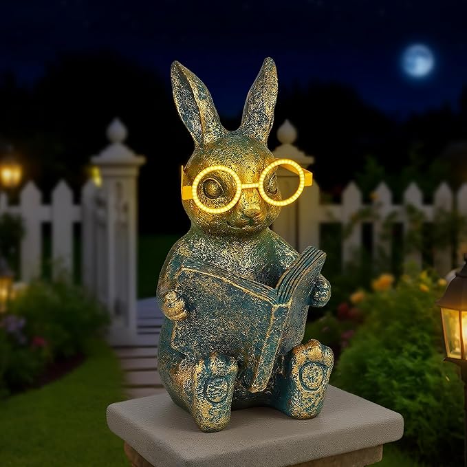 Solar Garden Decor, Adorable Rabbit Statue with Solar-Powered Glasses, Outdoor Decoration Lights for Patio, Yard & Balcony, for Kids, Mom & Grandma
