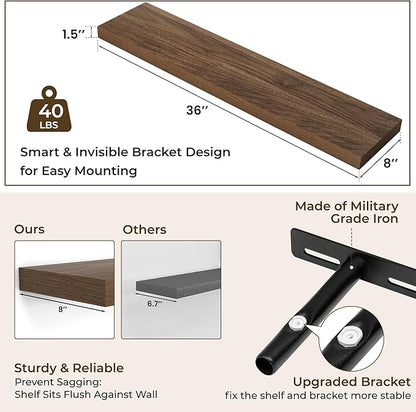 RICHFOCUS 36Inch Floating Shelves for Wall 2 Pack Shelves for Bedroom|Kitchen|Bathroom Wall Mounted Rustic Wood Floating Shelf with Invisible Brackets for Books|Storage|Decor, Walnut