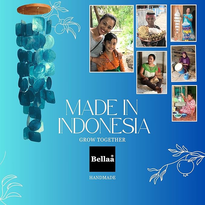 Bellaa 20414 Wind Chimes Outdoor, Garden Decorations, Musical, Indoor/Outside Windchimes, Beach, Ocean Breeze, Gifts for Mom, Gift for All Occasions, Capiz Sea Glass Shells Wood Purple 27 inch