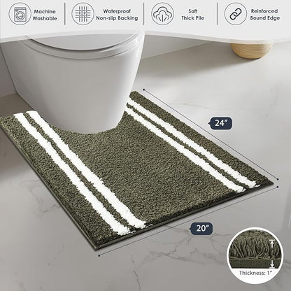 PURRUGS Bathroom Rug Non-Slip Machine Washable 20" x 24" U-Shaped, Super Absorbent and Quick Dry Shaggy Microfiber Bath Mat, Extra Soft and Plush Contour Rug for Toilet Base, Olive Green