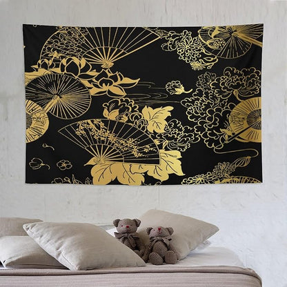 HZOHNAGO Japanese Tapestry Gold Flowers Umbrella Fan Pattern Printed Wall Tapestry Painting Wall Hanging for Bedroom Living Room Dorm 90" W x 60" H