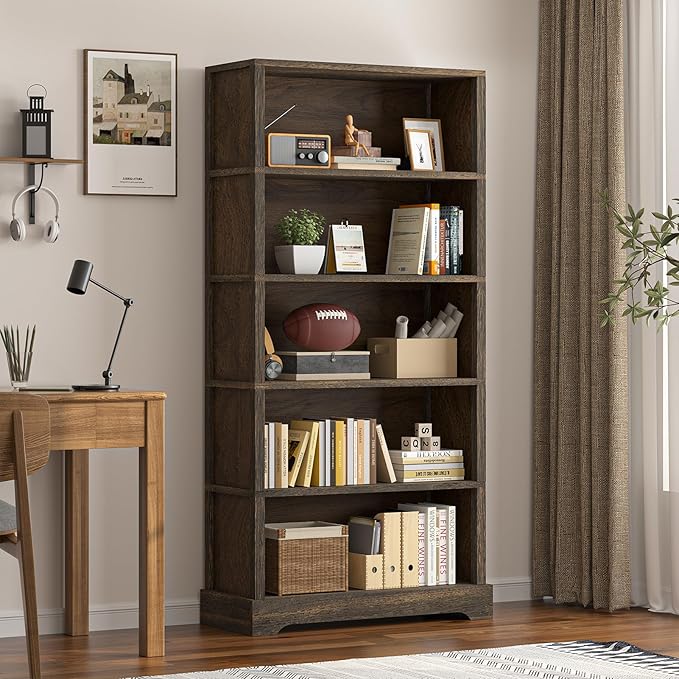 TVU 5-Shelf Wood Bookcase, 65 Inch Tall Bookshelf with Storage, Floor Standing Display Book Shelf, for Living Room Bedroom Study Office, Rustic Brown