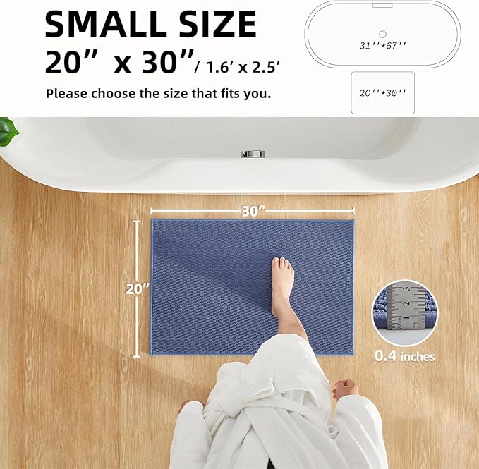 Bathroom Rugs Non Slip Washable, Super Absorbent Thin Bath Mat Small Quick Dry Low Pile Bathroom Rug, Denim Blue 20"x30"