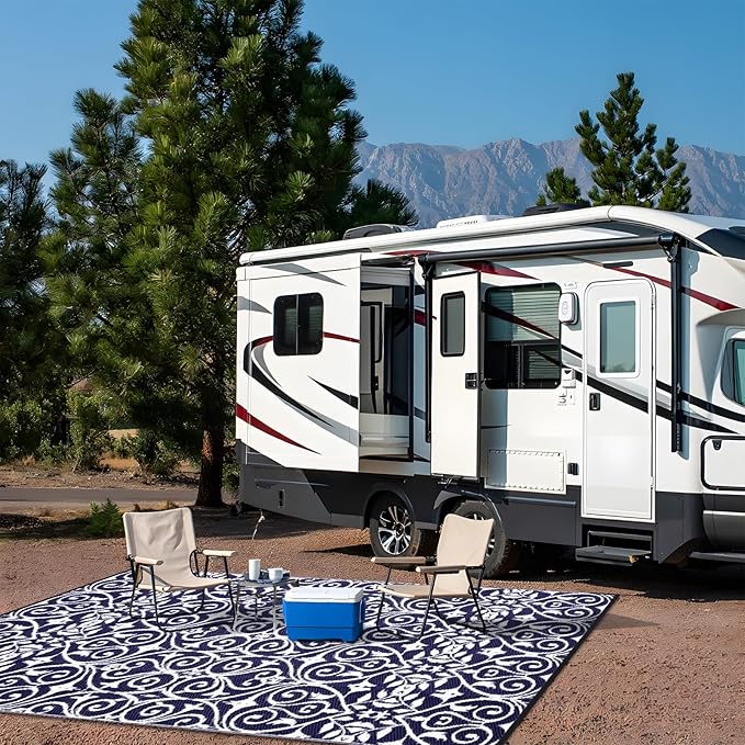 OLANLY Outdoor Rug Waterproof 8x10 ft Clearance, Reversible Outdoor Plastic Straw Rug with Floral Pattern, RV Mat for Patio, Camping, Balcony, Deck, Backyard, Navy & White