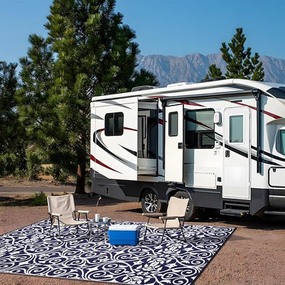 OLANLY Outdoor Rug Waterproof 8x10 ft Clearance, Reversible Outdoor Plastic Straw Rug with Floral Pattern, RV Mat for Patio, Camping, Balcony, Deck, Backyard, Navy & White