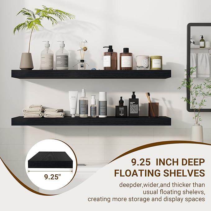 36 Inch Floating Shelves, 36"x9.25"x1.5" Inch Deep Floating Shelves for Wall, Wooden Shelves for Bathroom, Bedroom, Living Room, Black, 2 Pieces