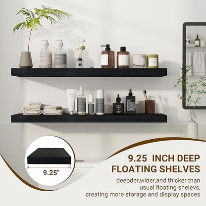36 Inch Floating Shelves, 36"x9.25"x1.5" Inch Deep Floating Shelves for Wall, Wooden Shelves for Bathroom, Bedroom, Living Room, Black, 2 Pieces