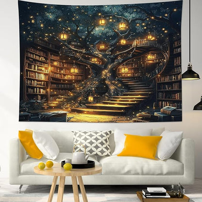 HVEST Fantasy Library Bookshelf Tapestry for Classroom Fairytale Tree Magic Bookshelf Wall Decor Retro Vintage Tapestry for Bedroom Living Room Study Room Dorm, 60L x 80W Inches