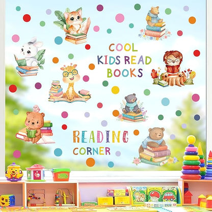 Reading Corner Decor,Reading Books Wall Decals,Learning Study Wall Stickers,Cartoon Animals Window Decals,Giraffe Bear Rabbit Read Books Stickers for Toddler Nursery Bedroom Classroom School