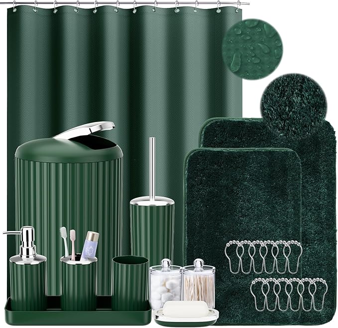 24 PCS Dark Green Bathroom Accessories Set with Shower Curtain and Rugs, Bathroom Sets with Extra Soft and Absorbent Bath Rugs Shower Curtain Bathroom Accessory for Bath