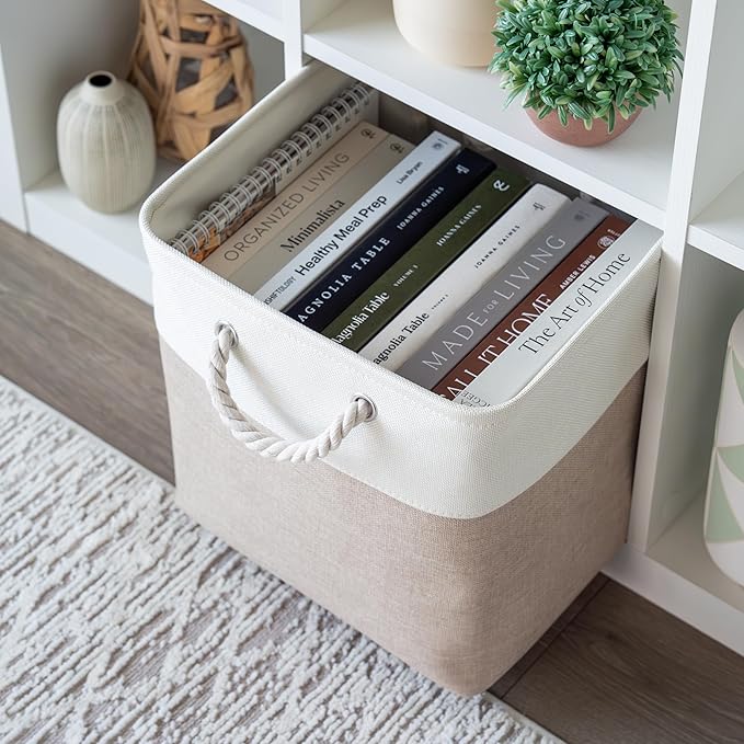 OrganiHaus 13x13 Cube Storage Bins 4 Pack, Foldable Cube Storage Organizer w/ Rope Handles, Collapsible Fabric Bins for Toys, Clothes & Closet Organization, Fabric Square Baskets - Beige/White