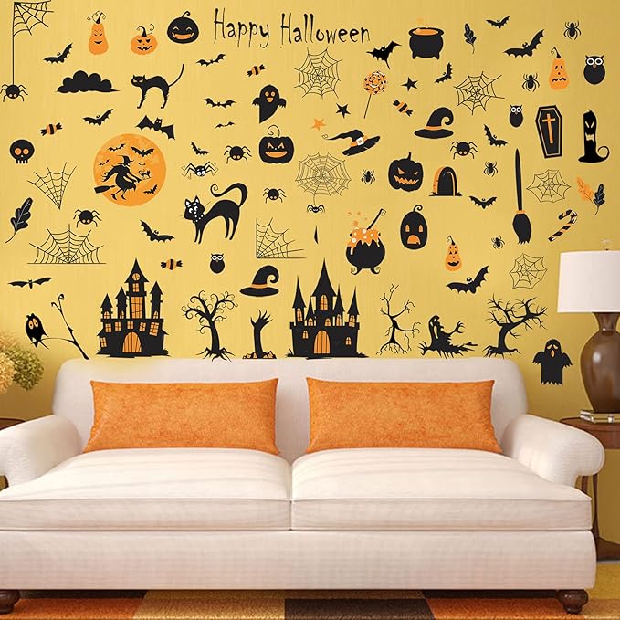 84 PCS Window Clings - Halloween Wall Stickers for Living Room, Pumpkins, Castles, Bats, Cats, Vampire, Witch Stickers, Household Decorative Murals, Party Supplies