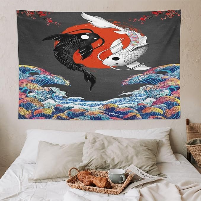 Houselerax Japanese Koi Fish Tapestries, Yin Yang Big Wave Cherry Blossom Tapestry Wall Hanging for Bedroom Living Room Office Decor 90"x60"
