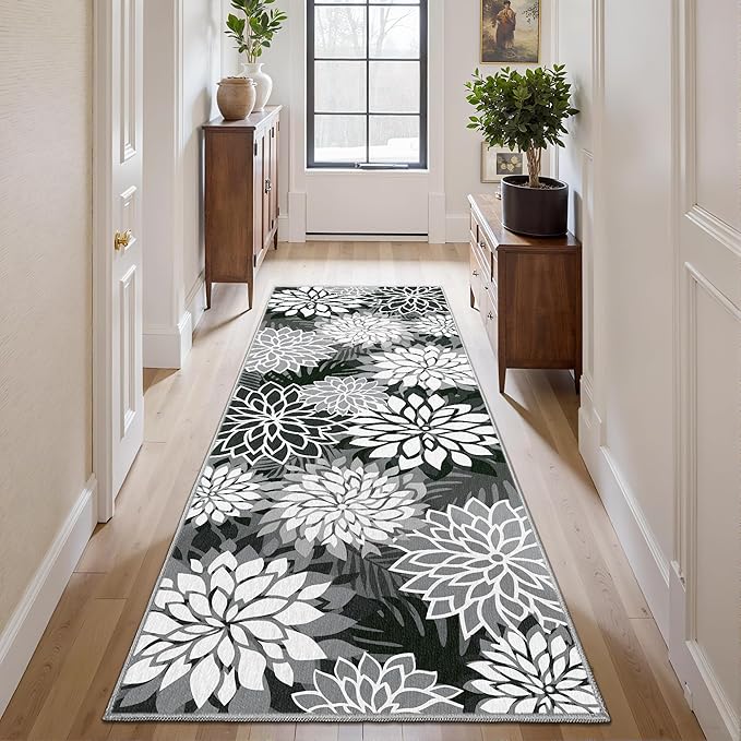 Area Rug 2x6 Black White Washable Entry Rug Multicolored Tropical Botanical Modern Floral Indoor Kitchen Door Mat Entrance Carpet Non Slip for Bedroom Living Room, Porch